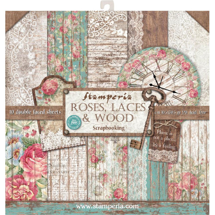 Набір паперу 30*30см Stamperia Roses, Lace & Wood 10/Pkg