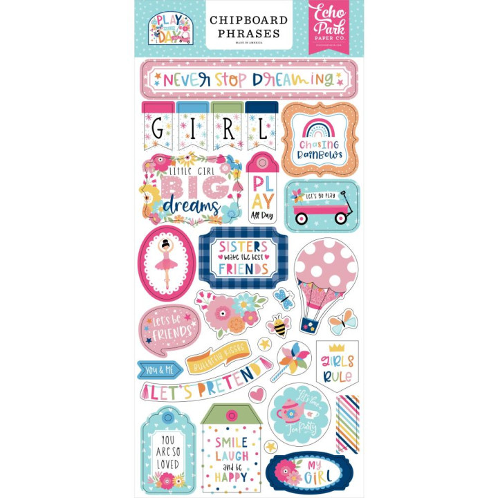  Наліпки з чіпборду Echo Park Play All Day Girl Phrases 15*33см